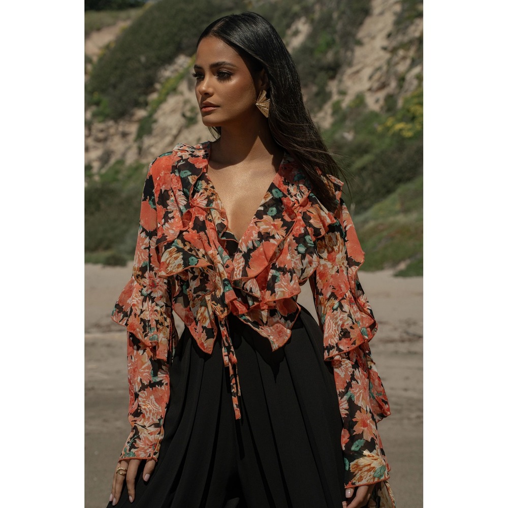 JLUXLABEL Black Floral Yvanna Ruffle Top Sheer Cropped Tie Blouse Whimsigoth Med